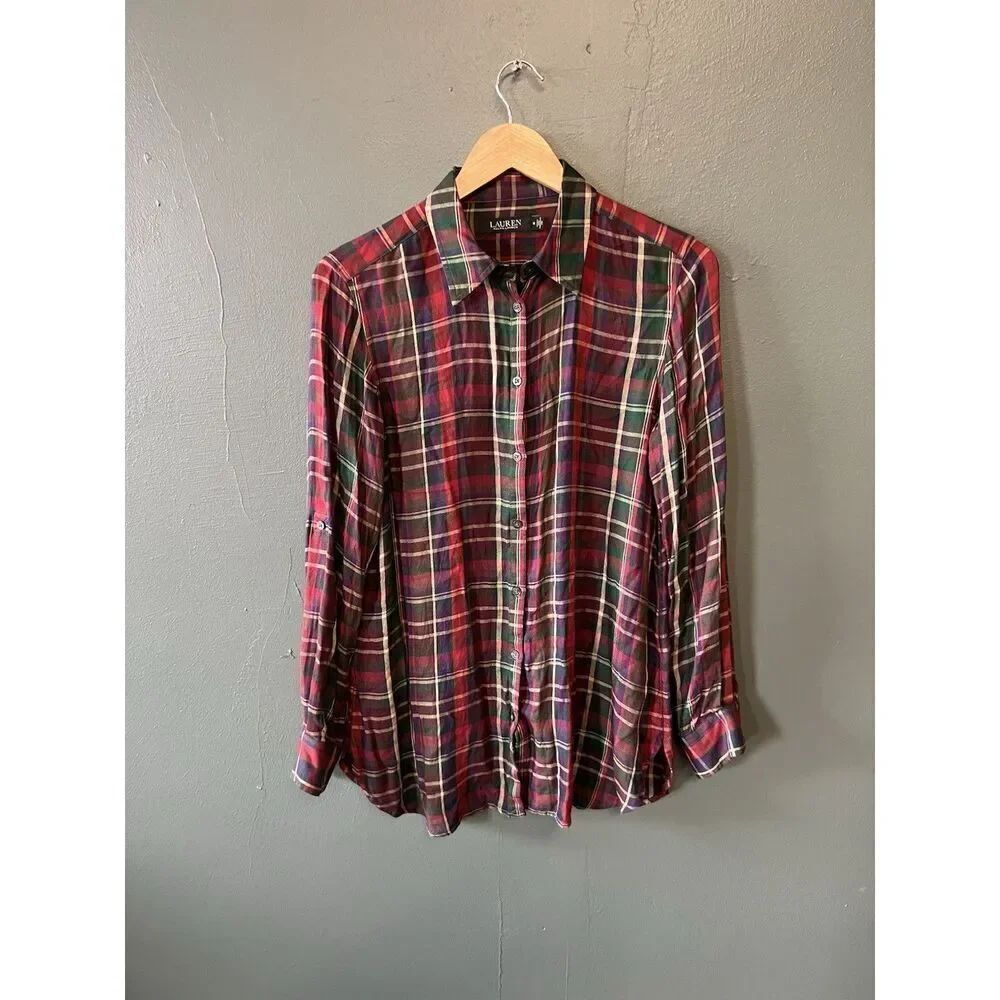 Lauren Ralph Lauren Womens Red Plaid Long Sleeve Button Up Size Medium